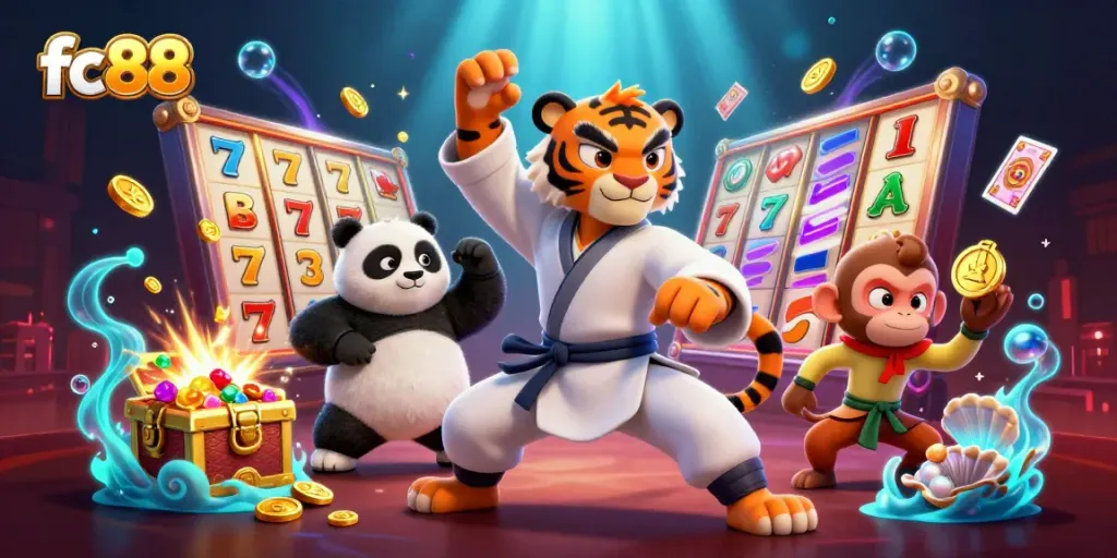 Engage with exciting fc88 casino slots featuring colorful themes and action-packed gameplay, illustrated dynamically.