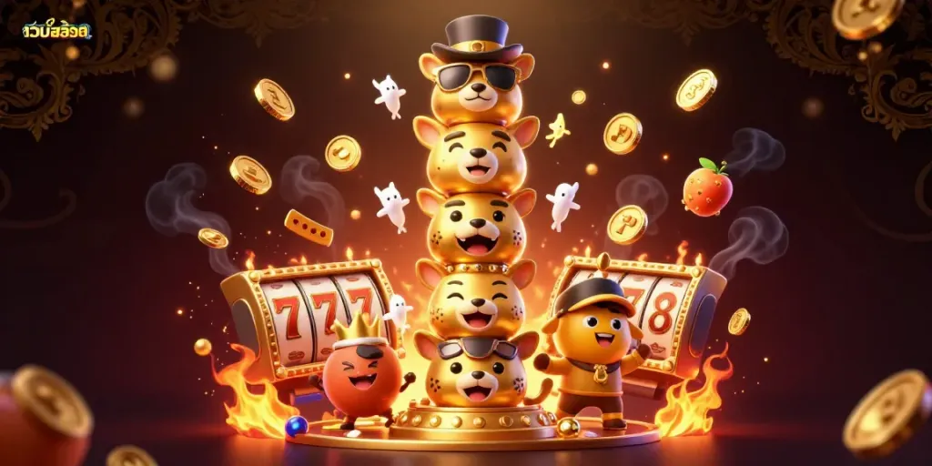 สัมผัสโลกของเว็บสล็อตด้วยภาพกราฟิก 3 มิติที่แสดงความตื่นเต้นจากเกมส์สล็อตและสัญลักษณ์โชคดี