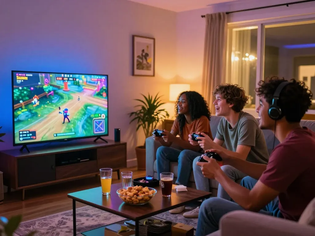 Friends enjoying a game sunwin night with colorful lights and snacks.