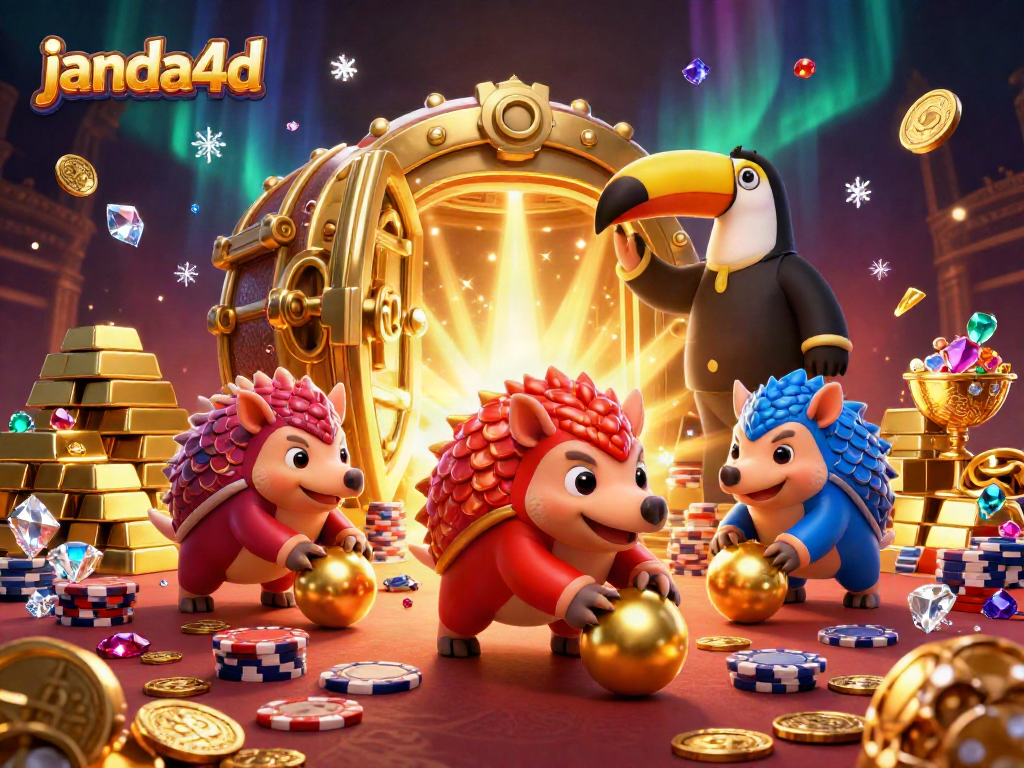 Permainan janda4d dengan pangolin dan tumpukan chip poker yang megah, penuh keceriaan.