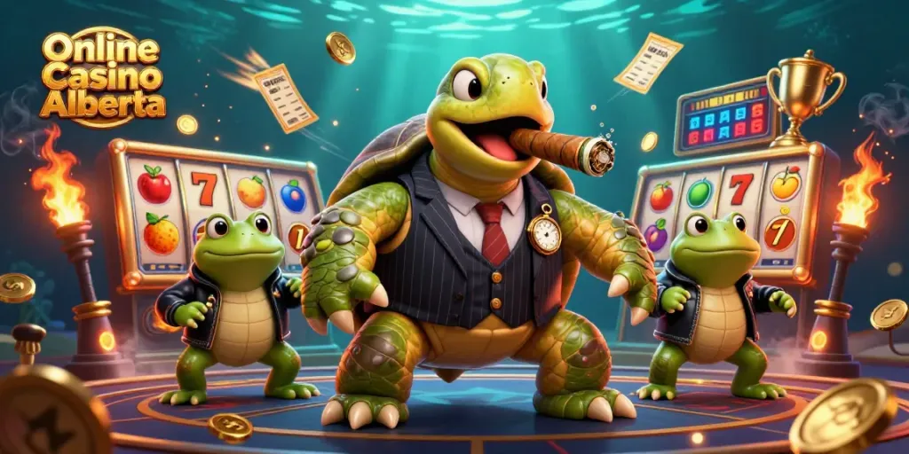 Engage with thrilling action at Online Casino Alberta featuring cartoon turtles and vibrant slot reels.