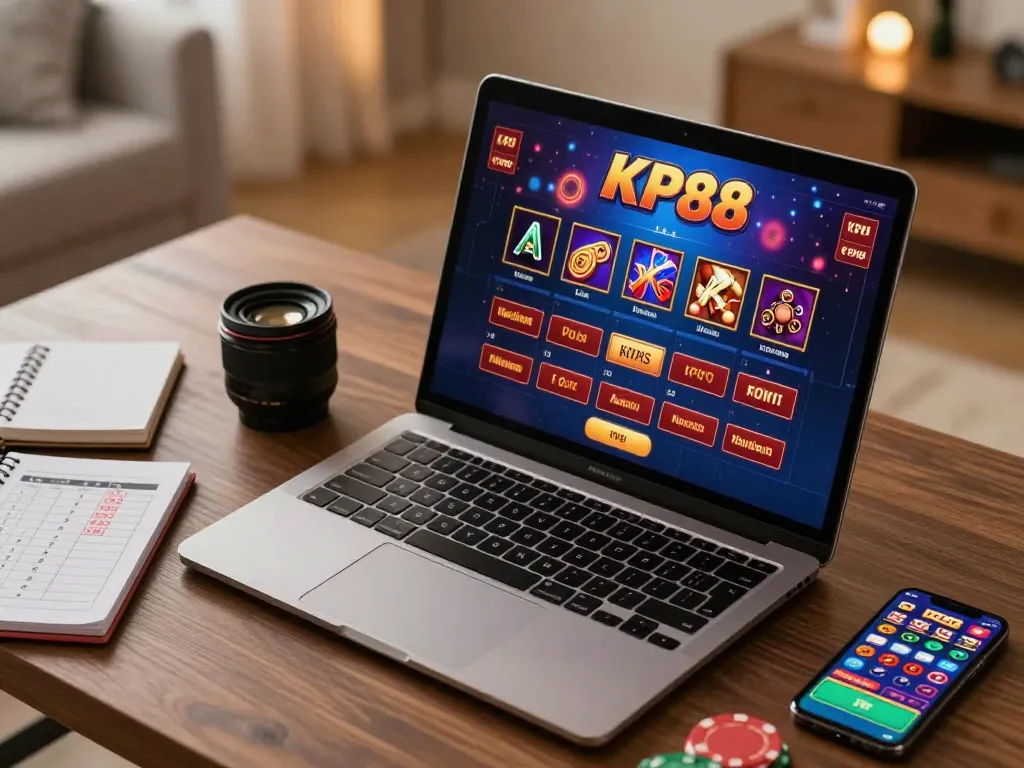 Experience strategic gaming with KP88 on a cozy home desk setup, showcasing online casino ambiance and betting strategy.