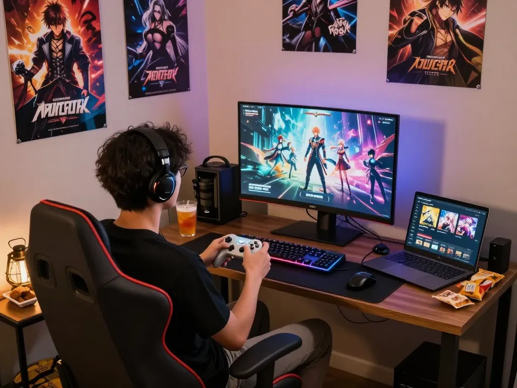 Person enjoying immersive porngames in a cozy gaming setup.