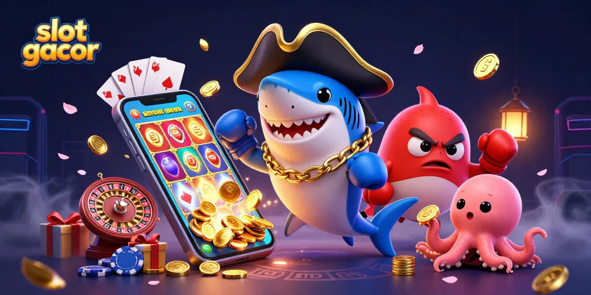 Slot gacor yang menarik dalam ilustrasi 3D dengan karakter laut diselingi elemen permainan kasino.