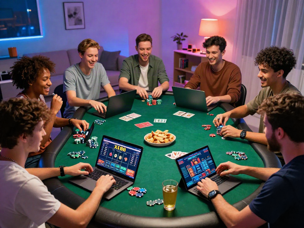 Experience the excitement of online gaming at https://xx88.day/ with friends, vibrant scene capturing poker fun.