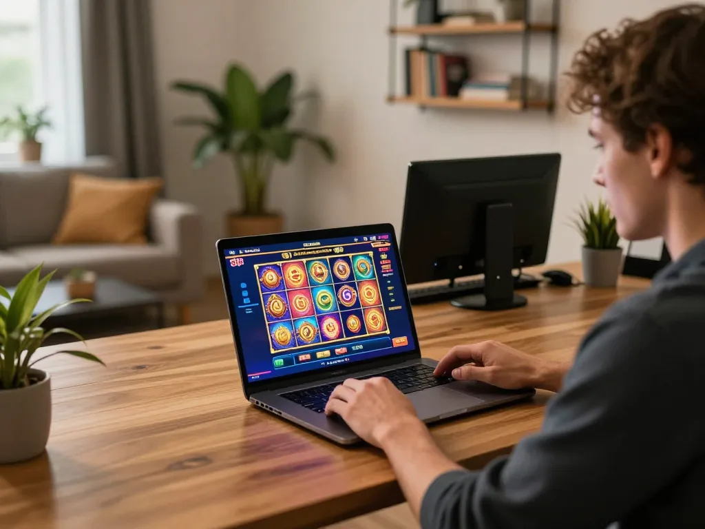Engaging in link slot game strategy at an online casino setup with vibrant visuals and modern decor.