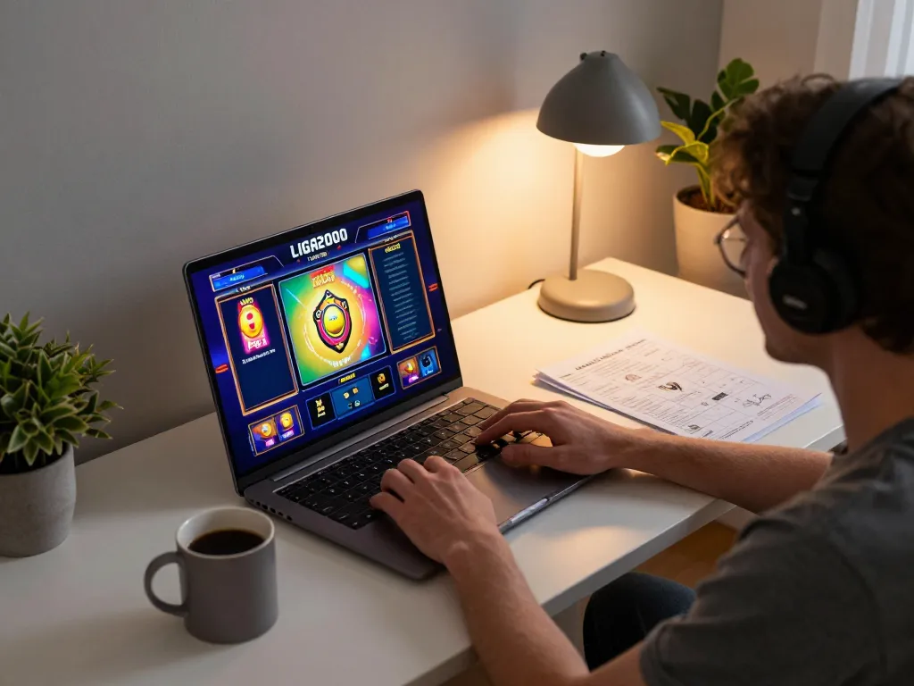 LIGA2000 online gaming setup with player engaged in exciting slot action at home