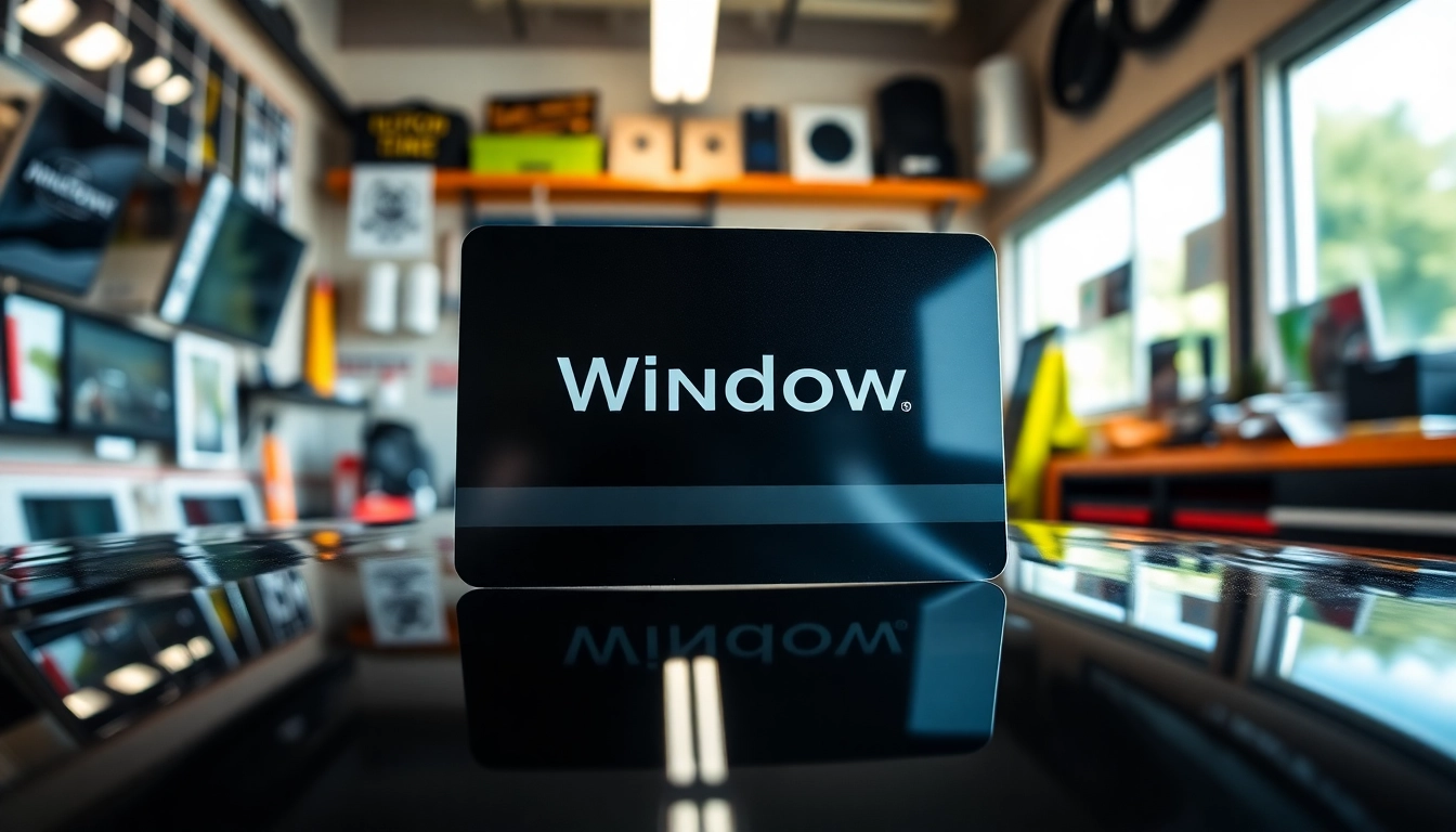 Showcasing a stylish window tint gift card in a modern auto shop setting, highlighting its premium quality.