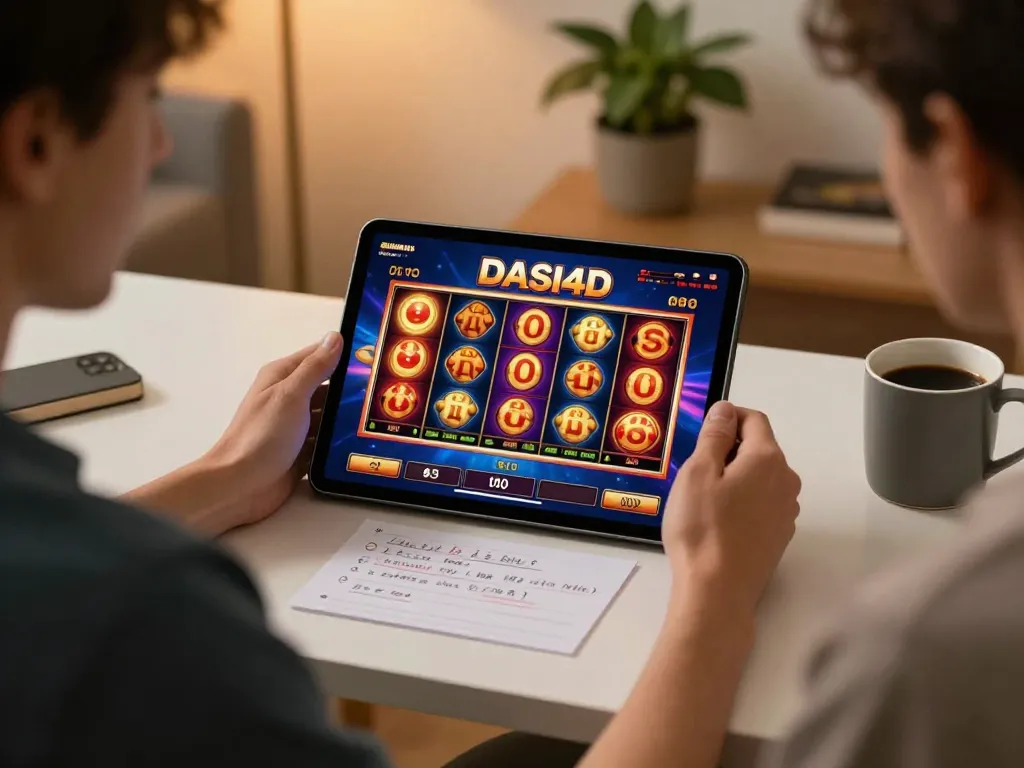 Permainan yang menarik di situs slot DASI4D link alternatif dengan gulungan berwarna-warni berputar.