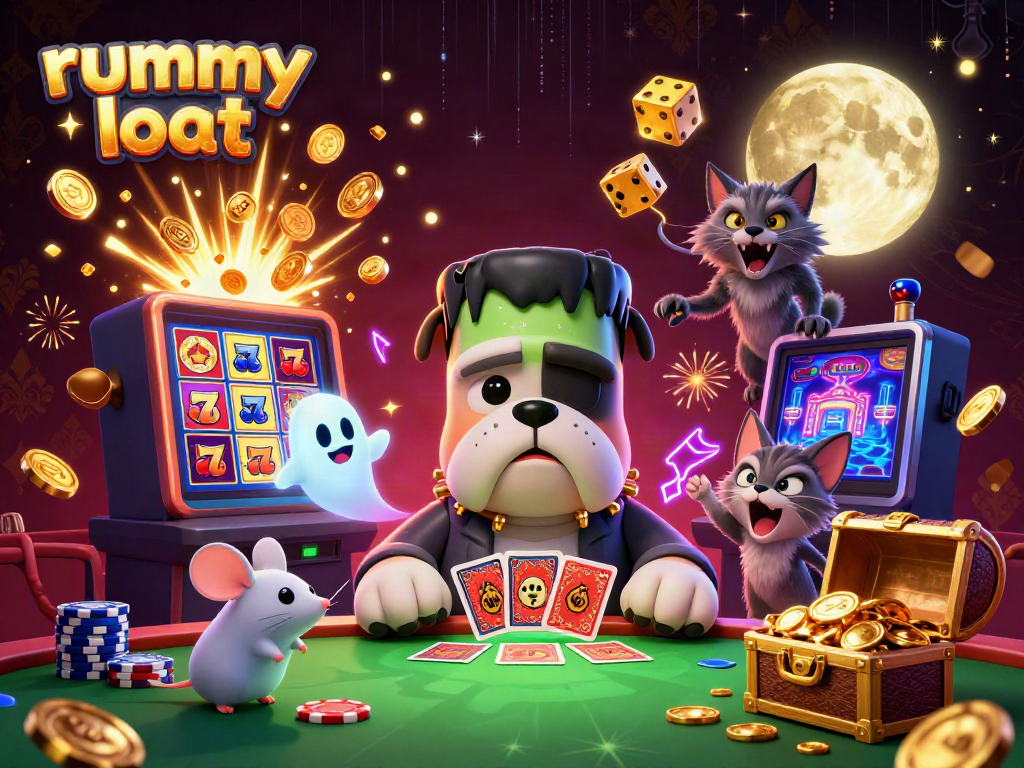 Experience rummy loot with 3D characters, slot machines, and vibrant casino elements