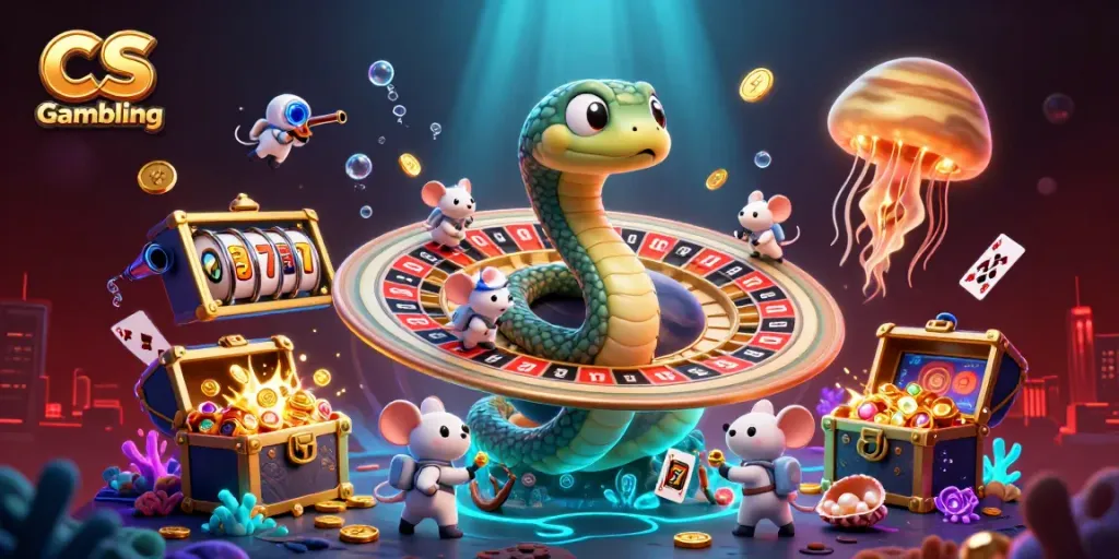 Engaging scene of CS Gambling with a snake roulette wheel, astronaut mice betting, and bright casino elements.
