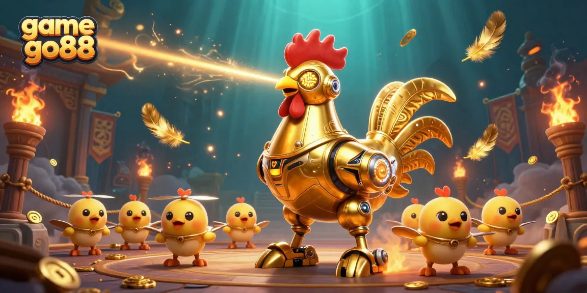 Engage with game go88 in a vibrant casino scene featuring a golden rooster robot and baby chick drones.