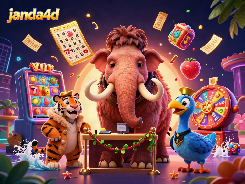 Janda4D membawa kemeriahan kasino dengan gambar kartun 3D hewan unik di sebuah suasana penuh warna.