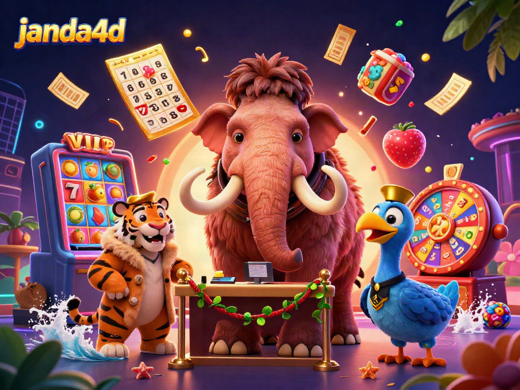 Janda4D membawa kemeriahan kasino dengan gambar kartun 3D hewan unik di sebuah suasana penuh warna.