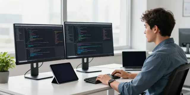 loket88 login in a vibrant software development office with programmer at work and high-tech monitors.