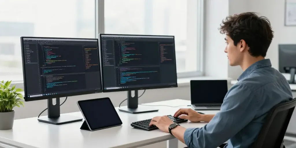 loket88 login in a vibrant software development office with programmer at work and high-tech monitors.