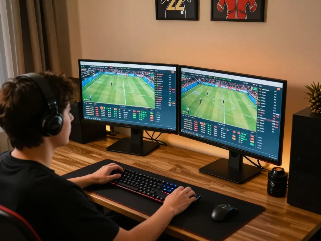 Engaging in live sports betting on bk8 from a modern home setup, showcasing the excitement of real-time wagering