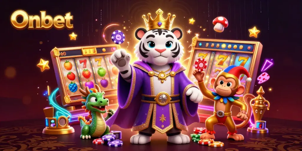 Join the excitement at Onbet with a vibrant casino scene featuring a royal tiger, jester monkey, and animated jade dragon.