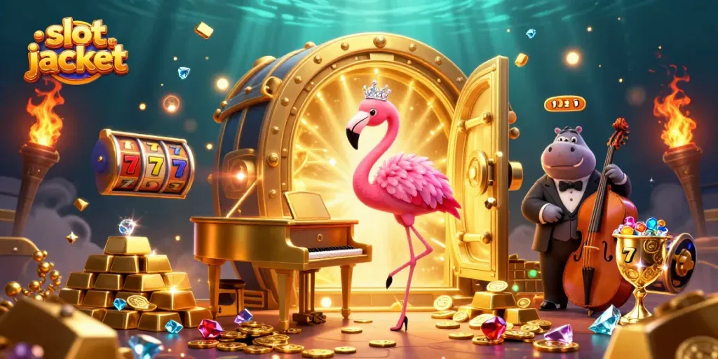 Slot jackpot menginspirasi suasana meriah dengan penyanyi flamingo dan pemain bass hippo di kasino.