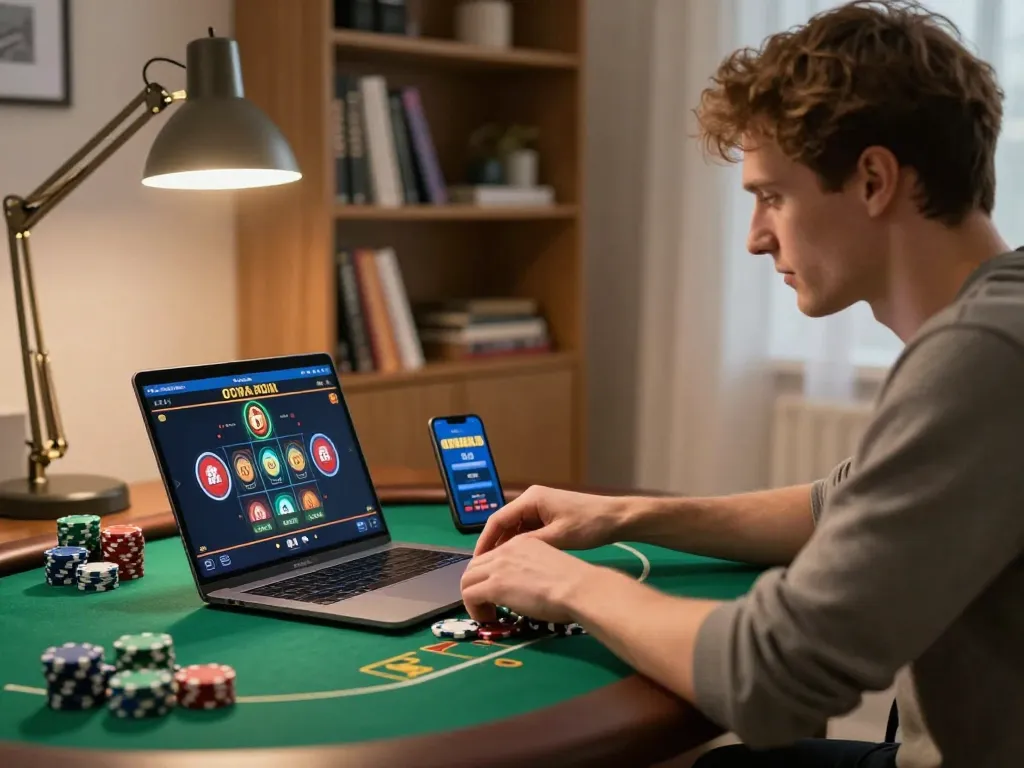 Engaging with octaslot app during an online poker game in a cozy home office.
