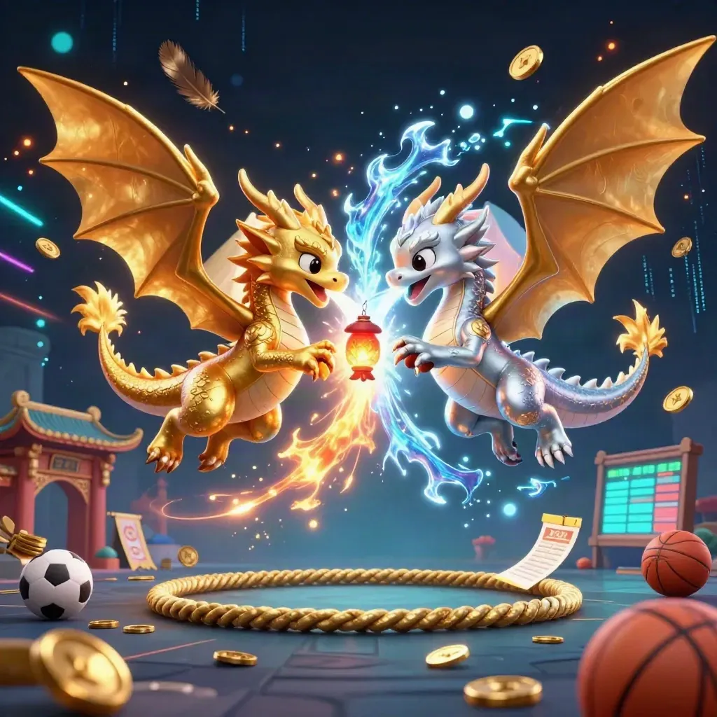 Gold and silver dragons clash above casino-lit temple ruins with balls, coins, and neon energy