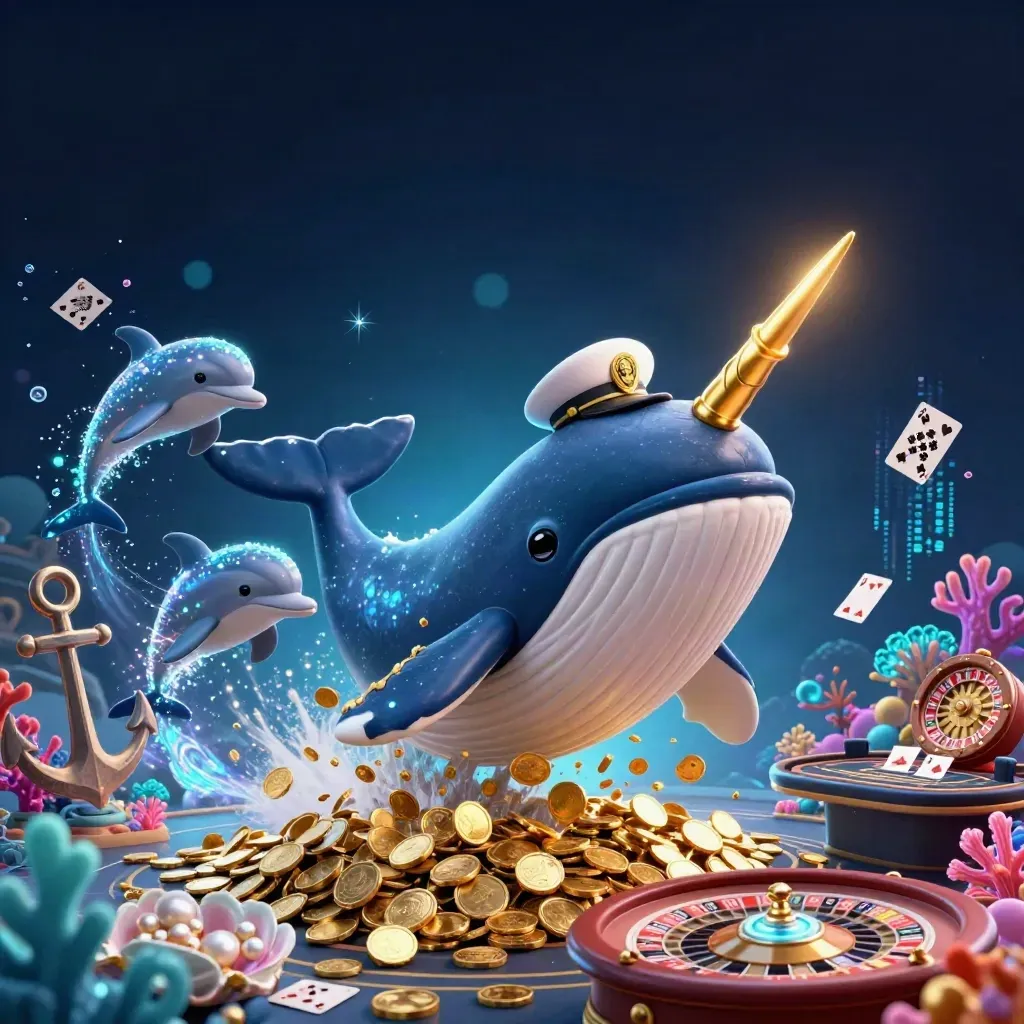 Whale captain, narwhal and dolphins in a coin storm over a glowing treasure cove