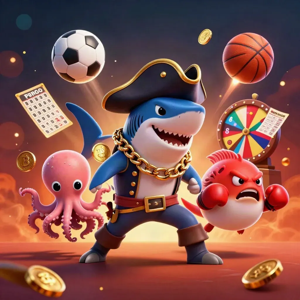 Pirate shark, pufferfish and octopus with casino props and flying sports balls in a fiery neon burst