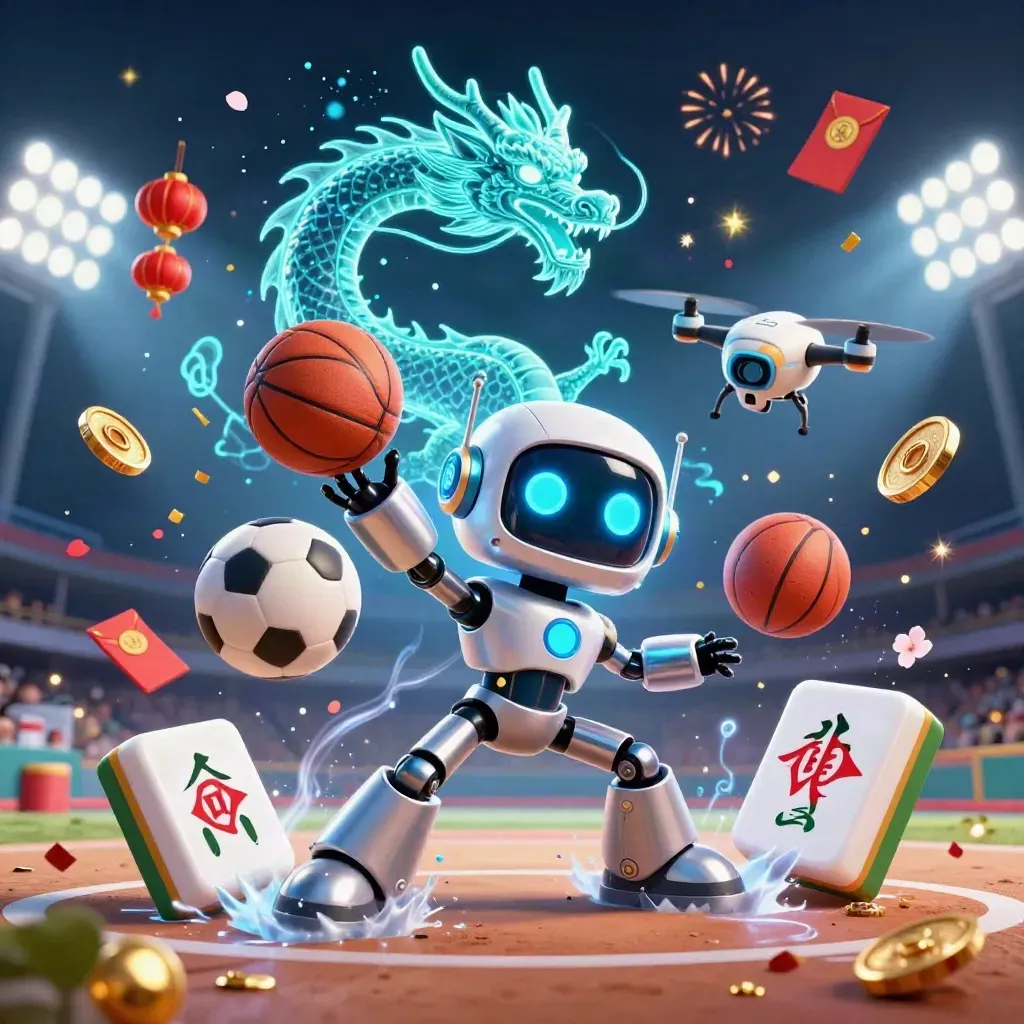 Ground-level cyberpunk casino sports splash with robot, dragon, drone, baseball, balls, fireworks
