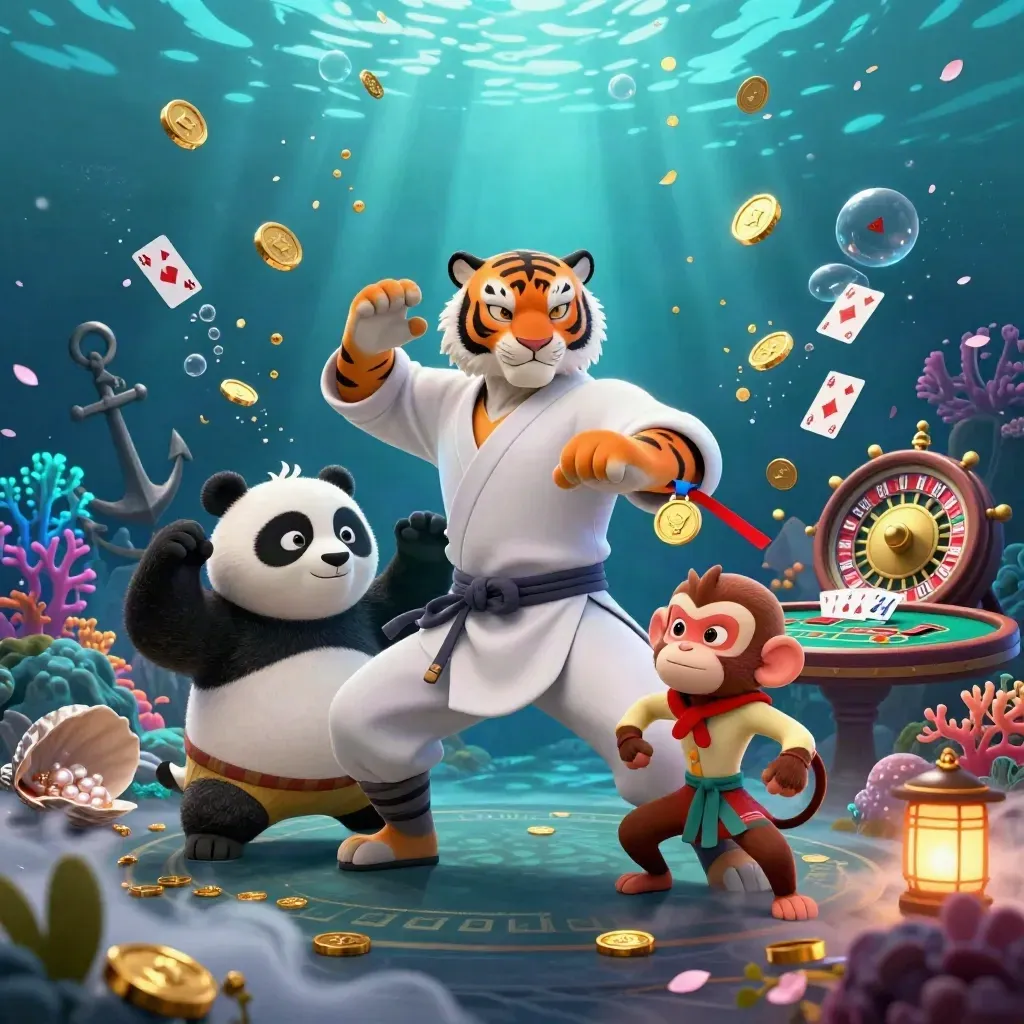 Kung-fu tiger, panda, and monkey in an underwater treasure cove with casino elements