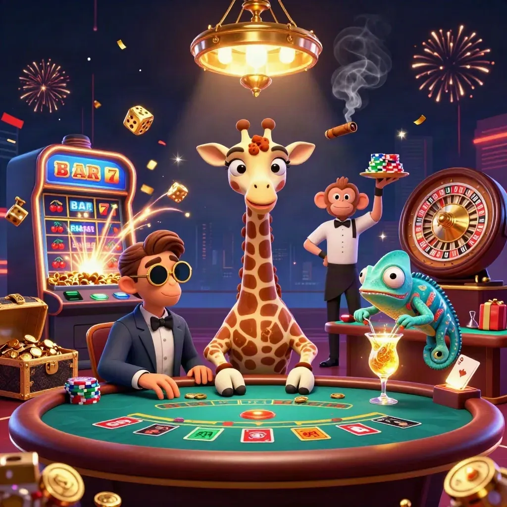 Cartoon giraffe, monkey and chameleon in a luxe casino scene with slot burst, roulette and gold glow