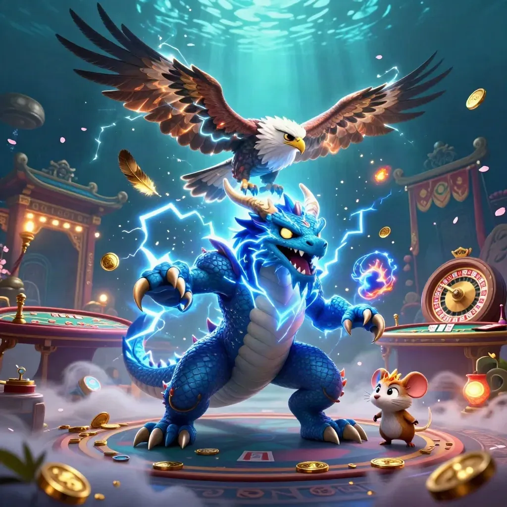 Thunder dragon, wind hawk, and thunder-mouse in a luxe teal-gold casino fantasy scene.