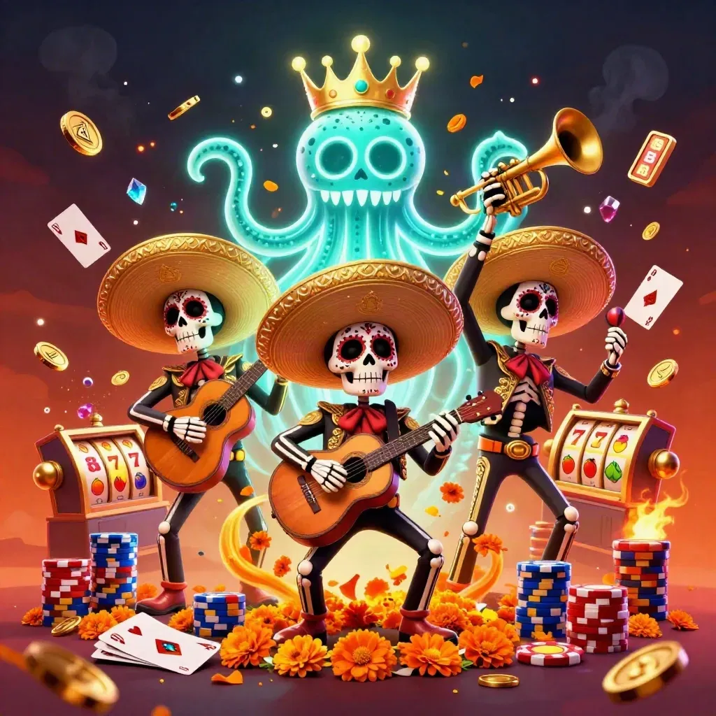 Skeleton mariachi trio amid coins, chips, roulette wheel, cards, and glowing casino effects