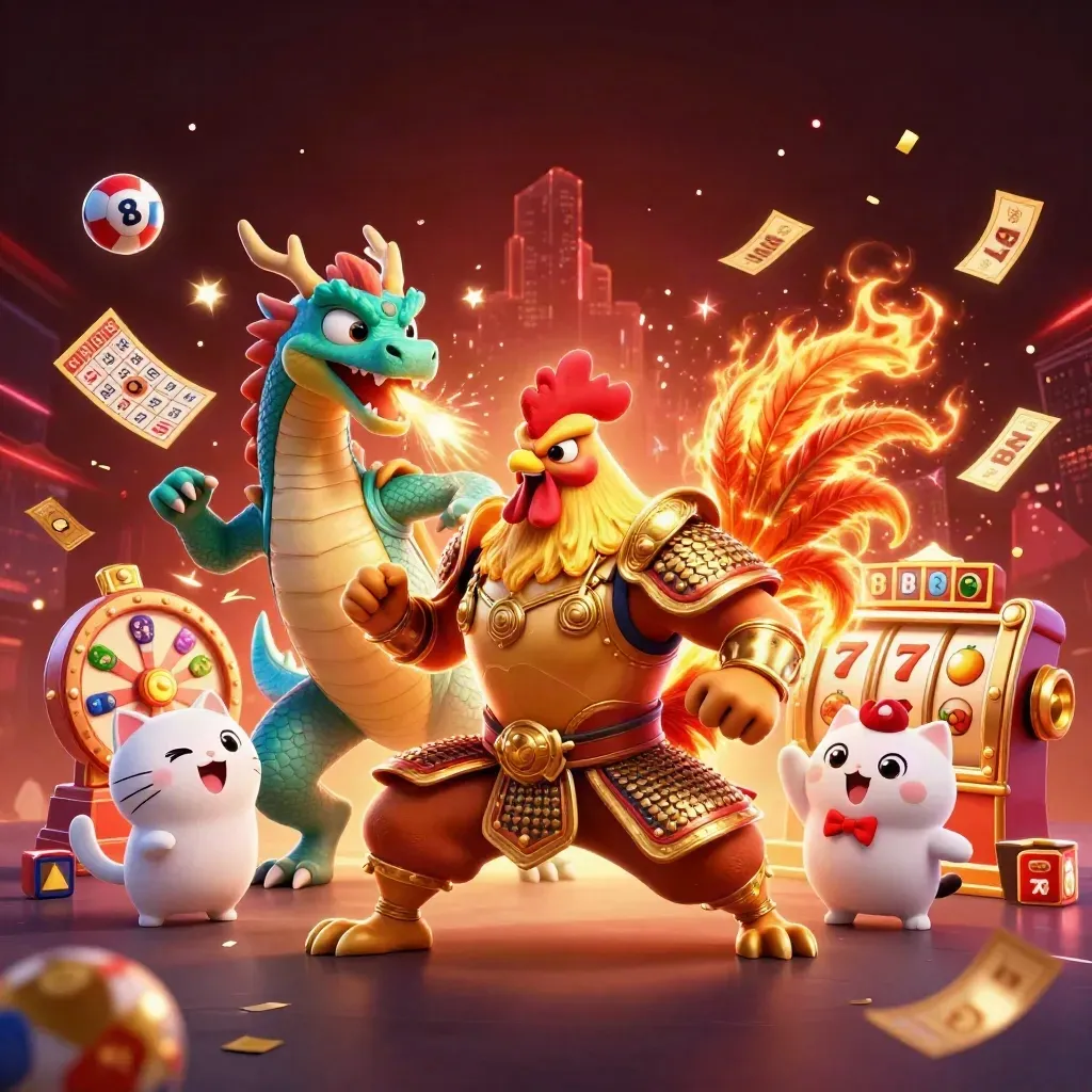 Rooster warrior, dragon hatchling, and fortune-cat exploding with casino gems and gold.