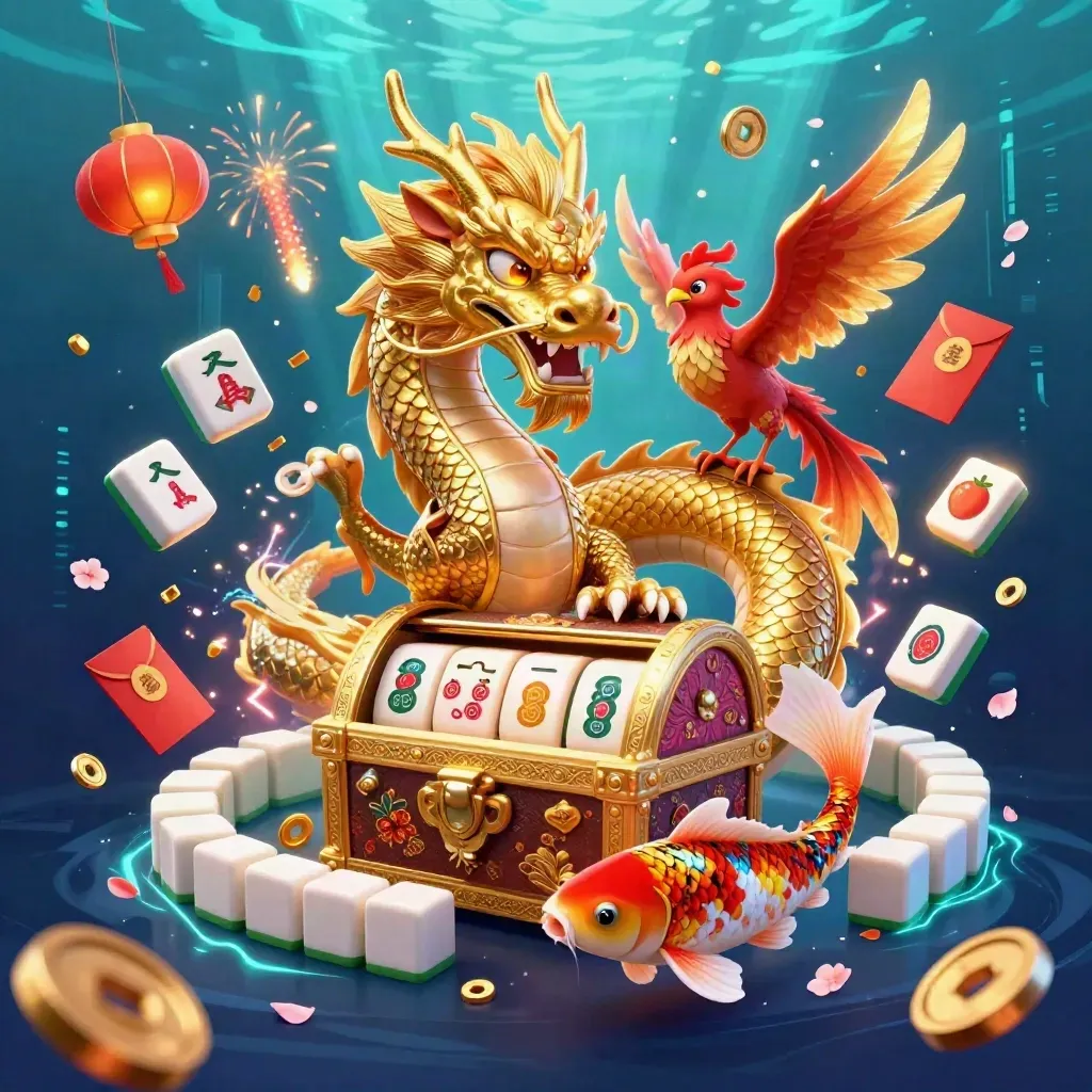 Golden dragon with phoenix and koi bursts from a chest in sea teal underwater light.