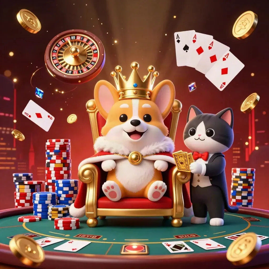 Royal corgi and cat butler amid spinning chips, coins, gems, roulette, and glowing casino lights.