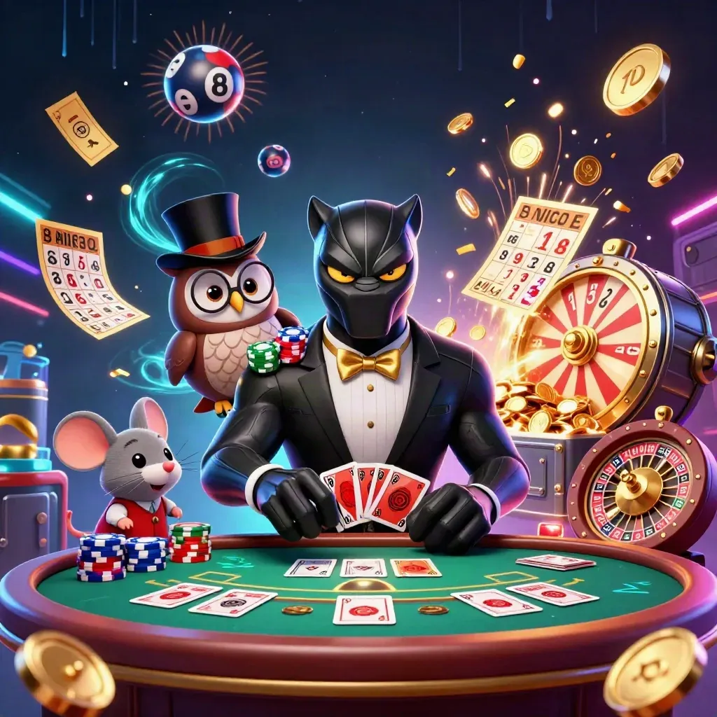 Panther, owl, and mouse celebrating amid coins, fireworks, and casino magic