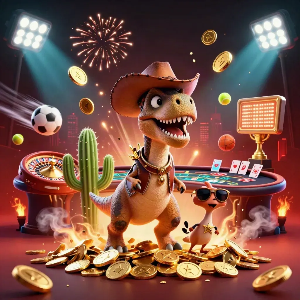 Cartoon T-Rex cowboy, cactus, and roadrunner amid casino vault coins, roulette, and fireworks