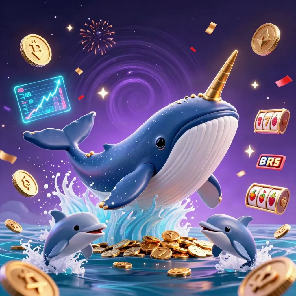 Whale captain, narwhal, and dolphins amid casino coins, neon effects, and a starry purple backdrop.