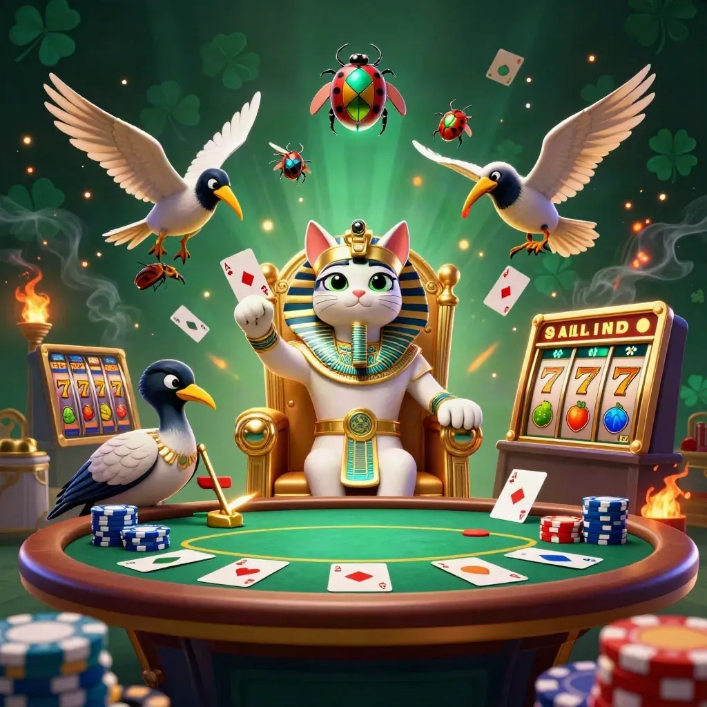 Pharaoh cat, ibis scribe, and scarab beetles amid casino cards, chips, and slot symbols