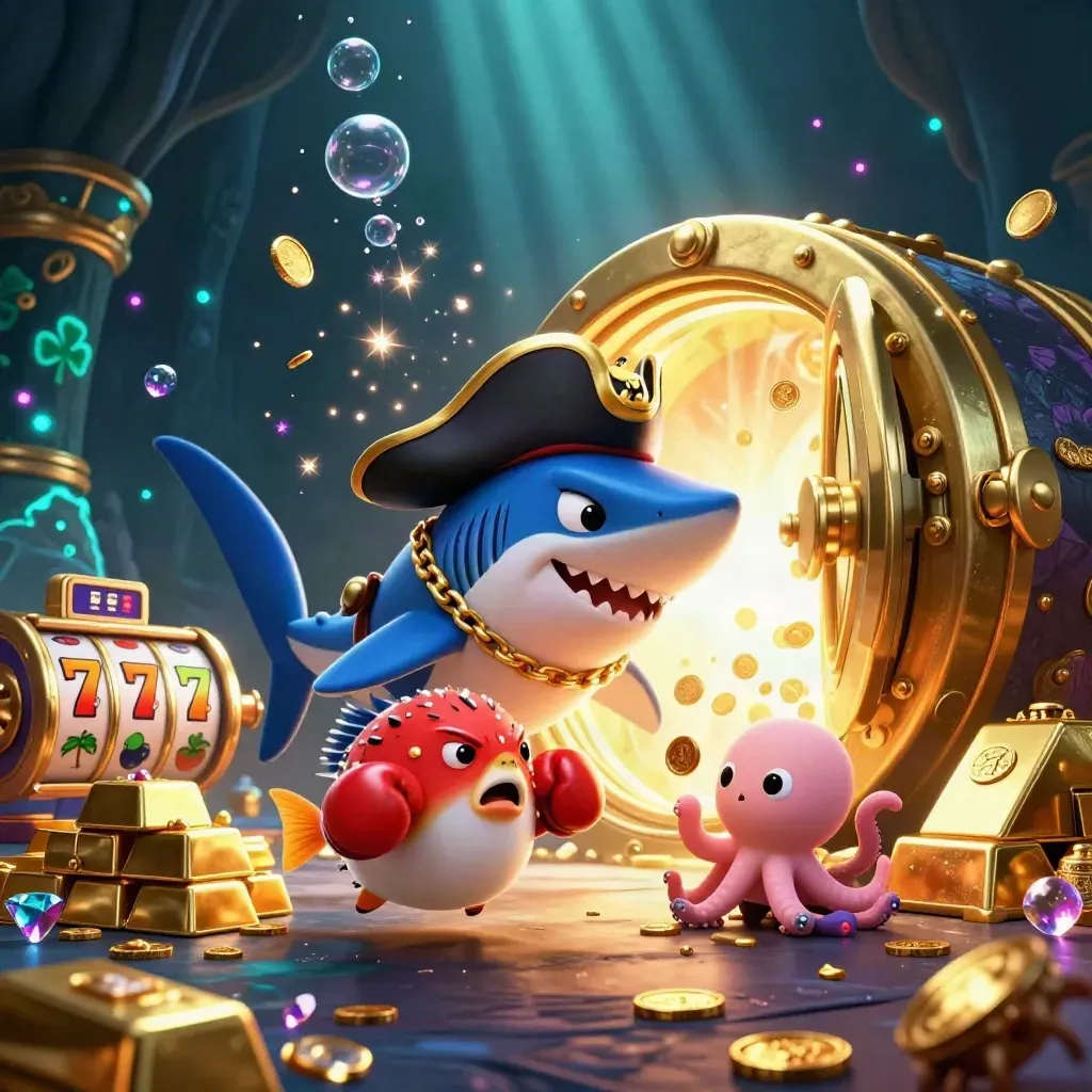 Shark pirate, boxing pufferfish and coin-juggling octopus burst from a gold vault in a teal-gold casino scene