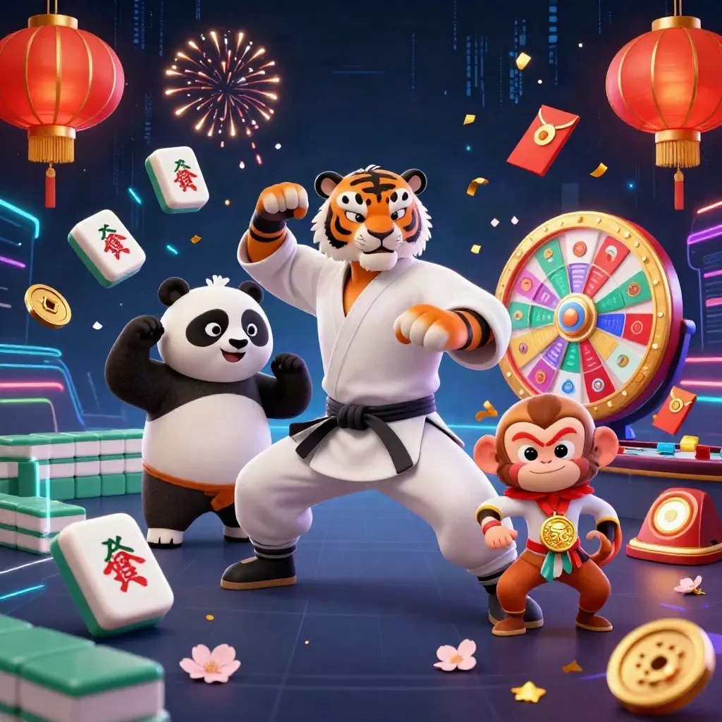 Kung-fu tiger, panda, and monkey with casino icons in a neon martial-arts splash scene.