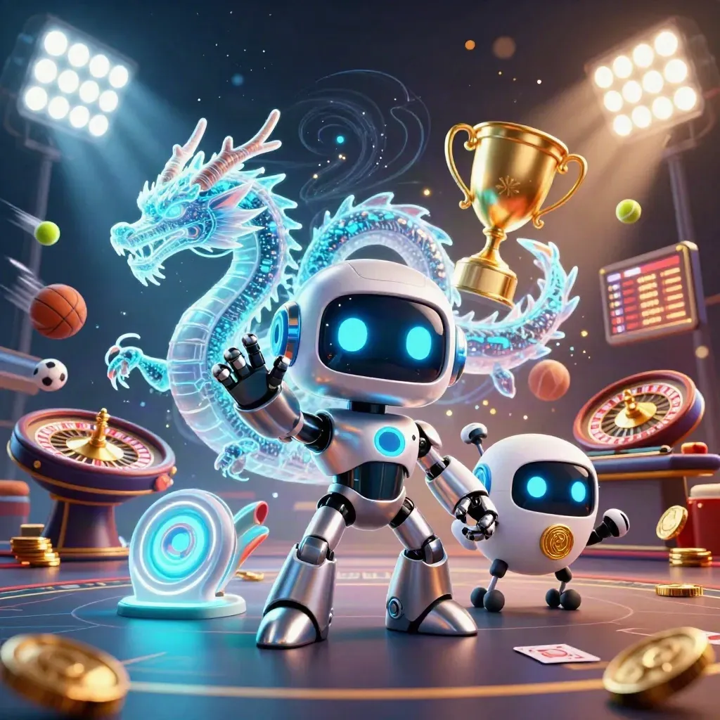 Cyberpunk robot, holographic dragon, and coin drone amid casino props, sparks, and teal-gold glow.