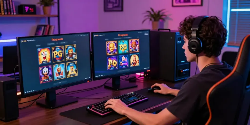 Permainan judi pragmatic online di ruang gaming modern dengan monitor ganda dan aksesori permainan menarik.