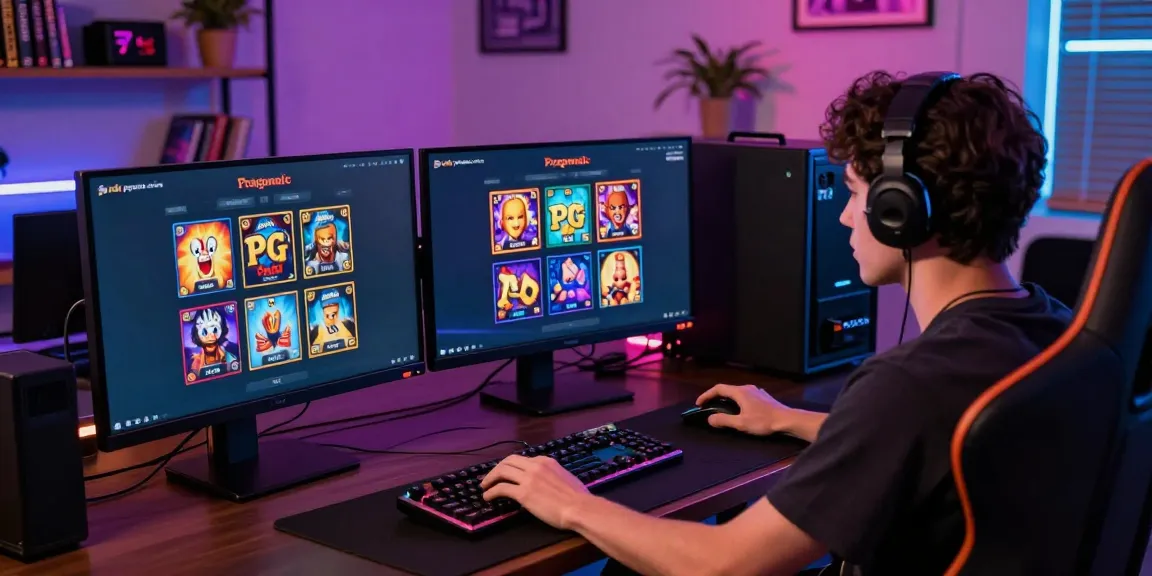 Permainan judi pragmatic online di ruang gaming modern dengan monitor ganda dan aksesori permainan menarik.