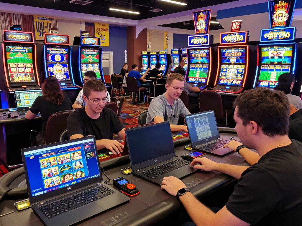 Engaging online casino gaming scene featuring A80 players at lively tables and vibrant slot machines.