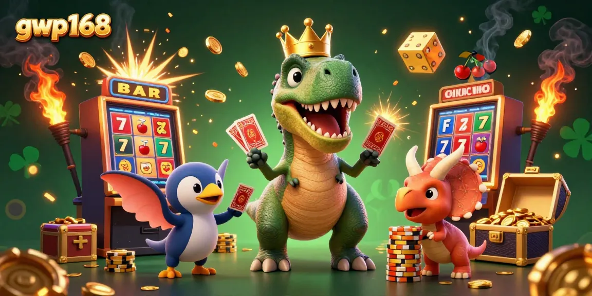 Permainan kasino menarik dengan gwp168, dinosaurus bergaya kartun dan mesin slot percikan koin.