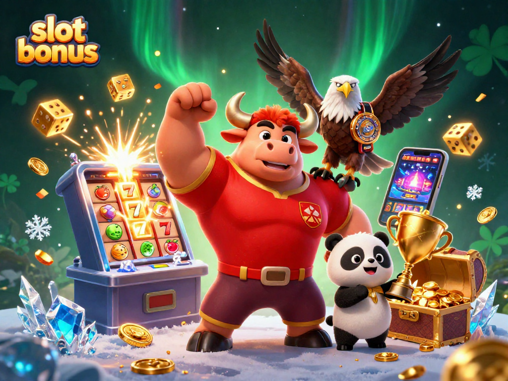Win big with slot bonus in thrilling 3D casino scene featuring iconic characters and exciting elements.
