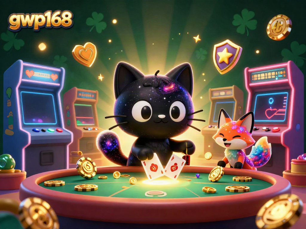 GWP168 merayakan keberuntungan di kasino virtual dengan kucing hitam berputar dan rubah nebula yang penuh warna.