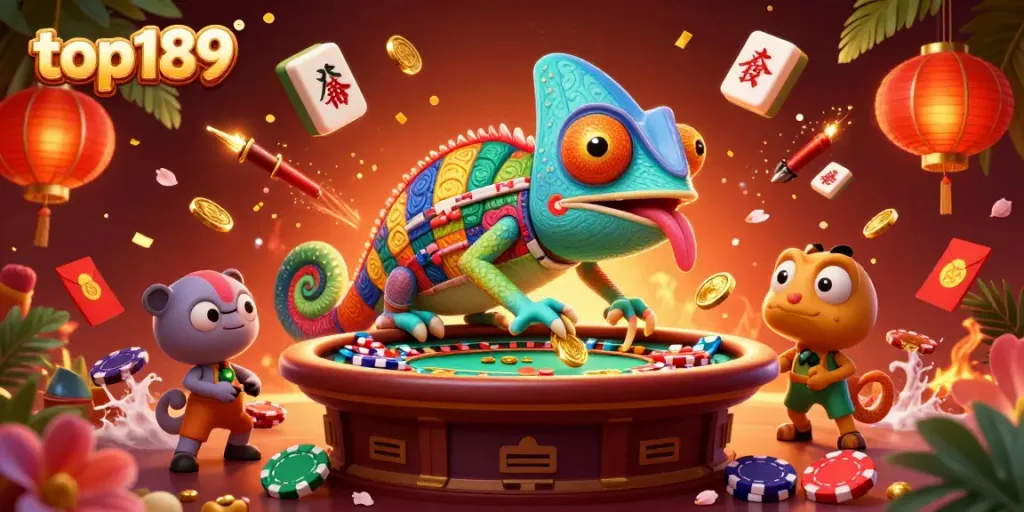 Experience the vibrant gamescape at top189, featuring a chameleon casino owner capturing golden coins.