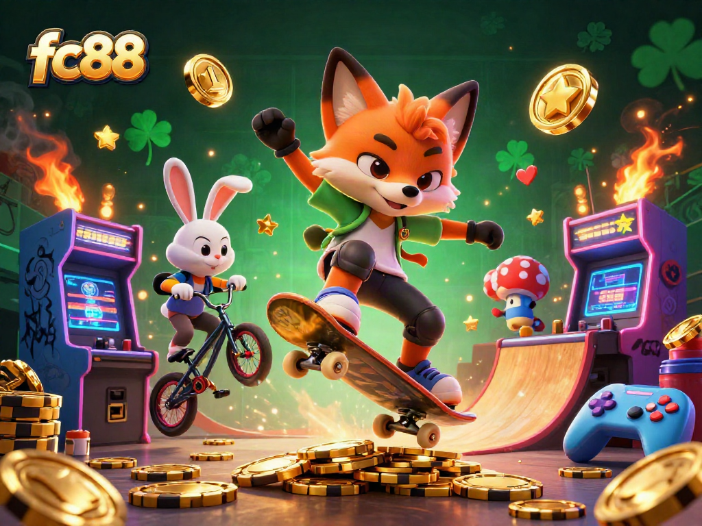 fc88 và chú cáo trượt ván đang biểu diễn trên chip poker vàng trong không gian casino đầy màu sắc